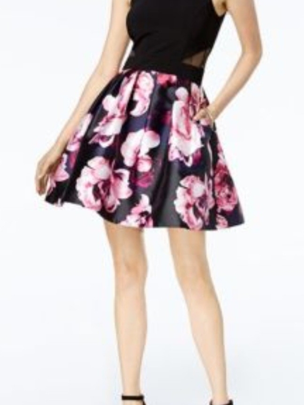 Xscape Black Bodice with Pink Floral Fit-and-Flare Mini Dress - Picture 2 of 3